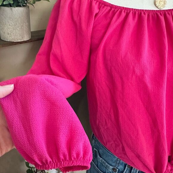 Show Me Your MuMu Hot Pink Knit Off Shoulder Front Tie Blouse - Picture 2 of 6